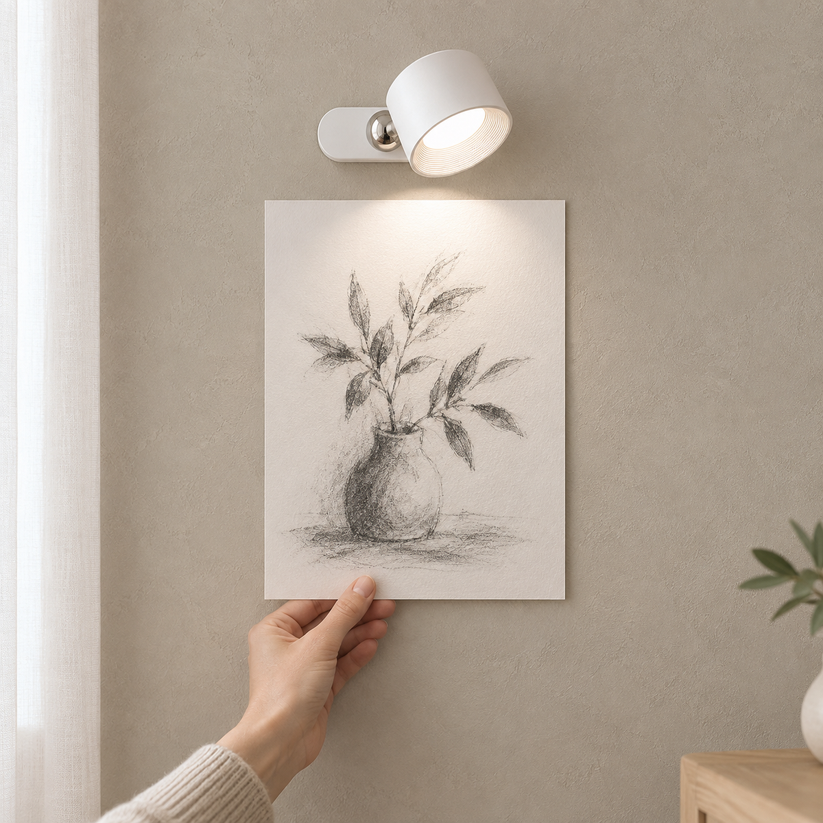 Caviloro battery operated wall sconce in white lighting a handheld charcoal drawing in natural mode #color_white