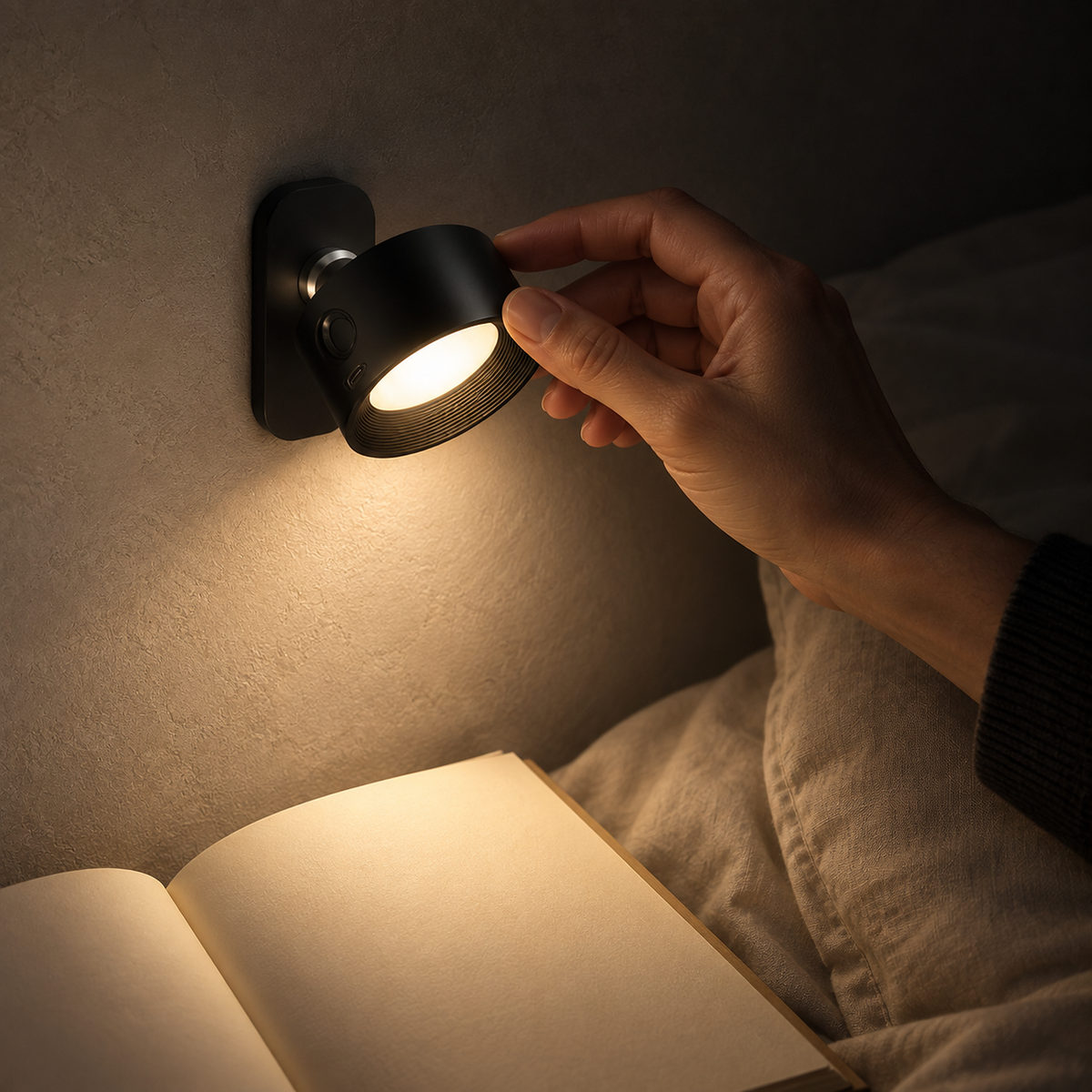 Caviloro bedside lamp in black directing warm light onto open book pages at night #color_black