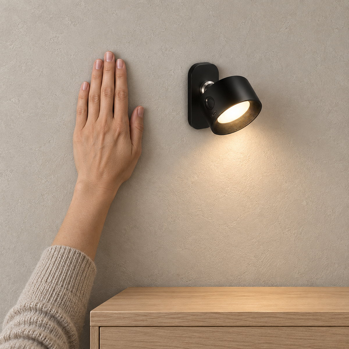 Caviloro cordless wall lamp in black casting a warm wash above an entryway console #color_black