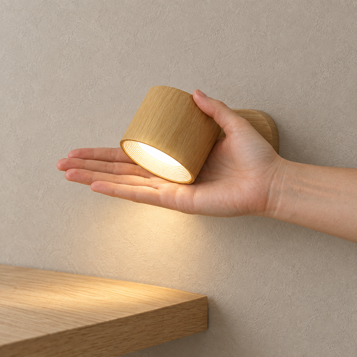 Caviloro cordless wall lamp in wood effect with its lit head lifted just clear of the mounted base