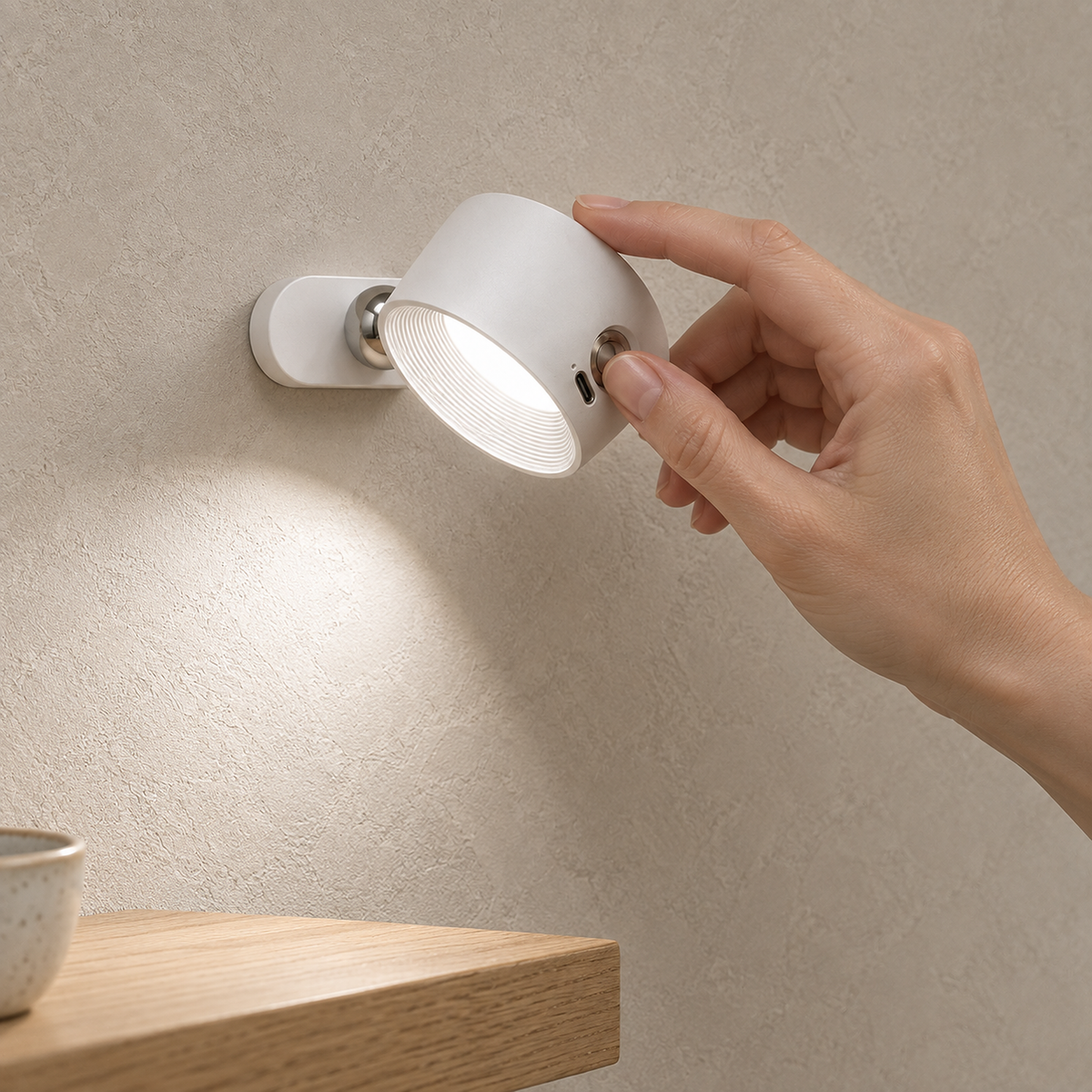 Caviloro LED wall sconce in white touched by a hand above an entryway ledge #color_white