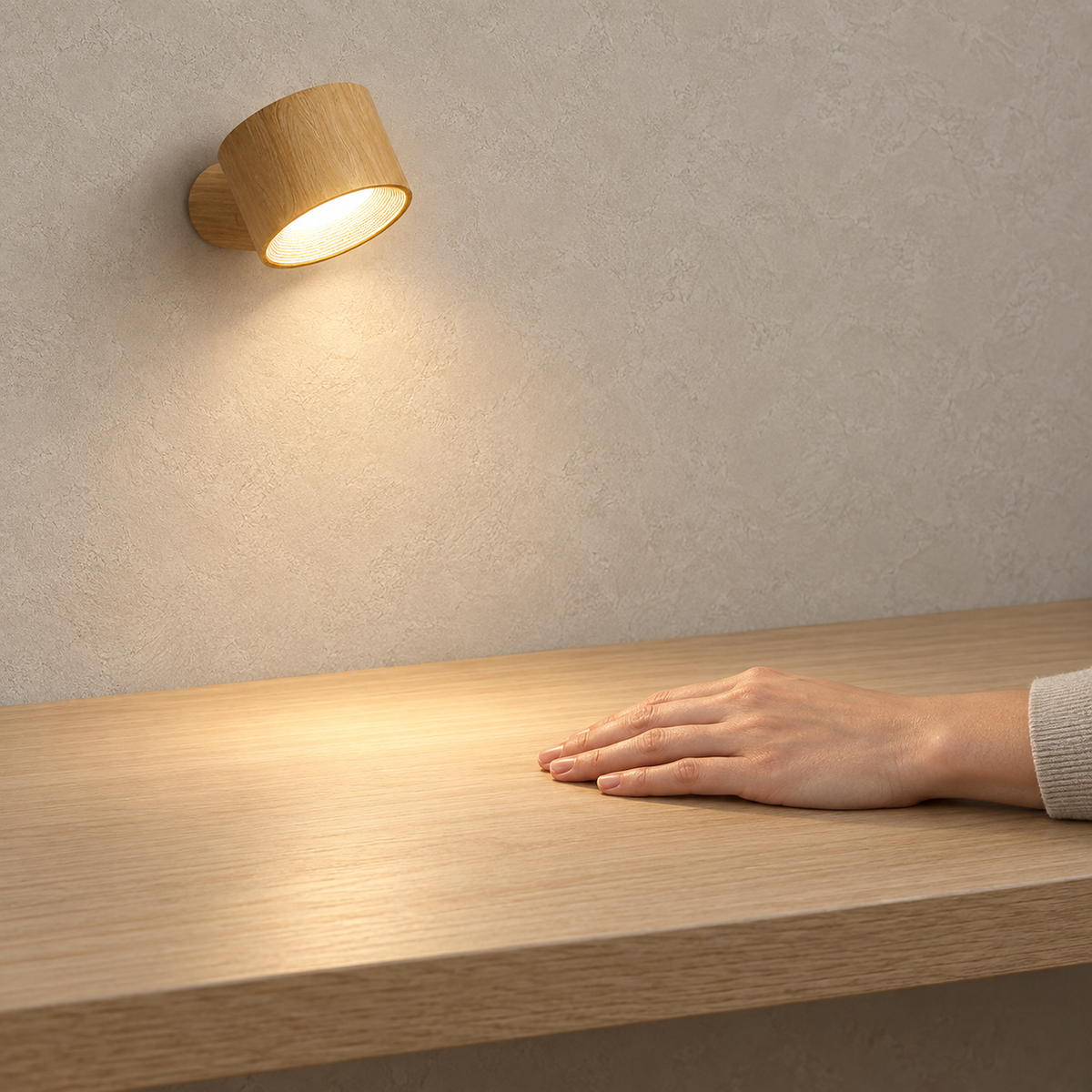 Caviloro LED wall sconce in wood effect lighting a clear desktop with a hand resting below