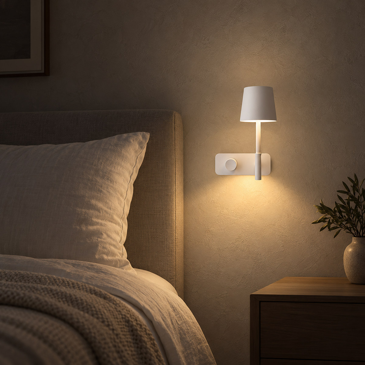 Cavolire white bedside wall light washing the plaster with a warm glow in a bedroom at night