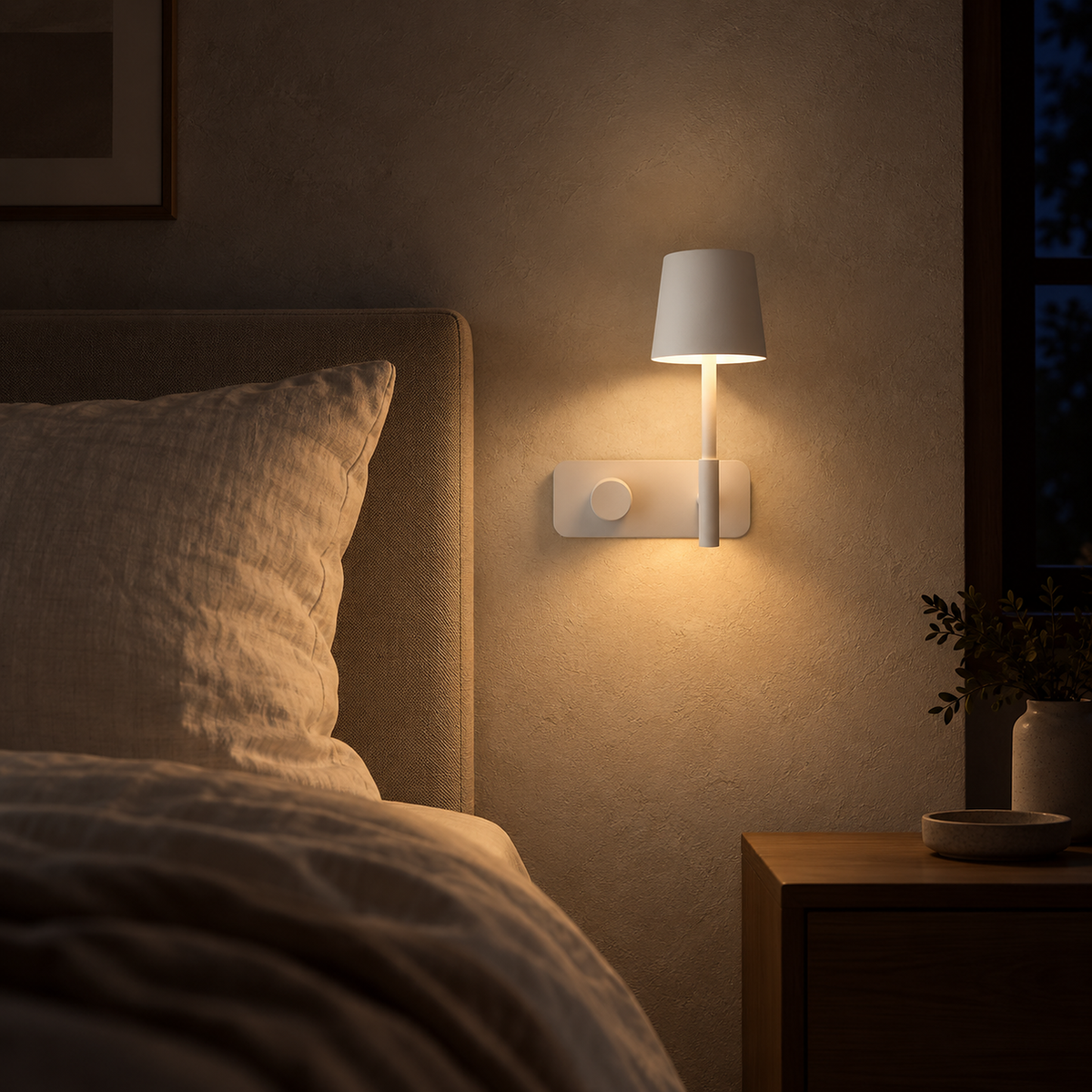 Cavolire white bedside wall light with its knob switch and a warm pool of light in a main bedroom at night