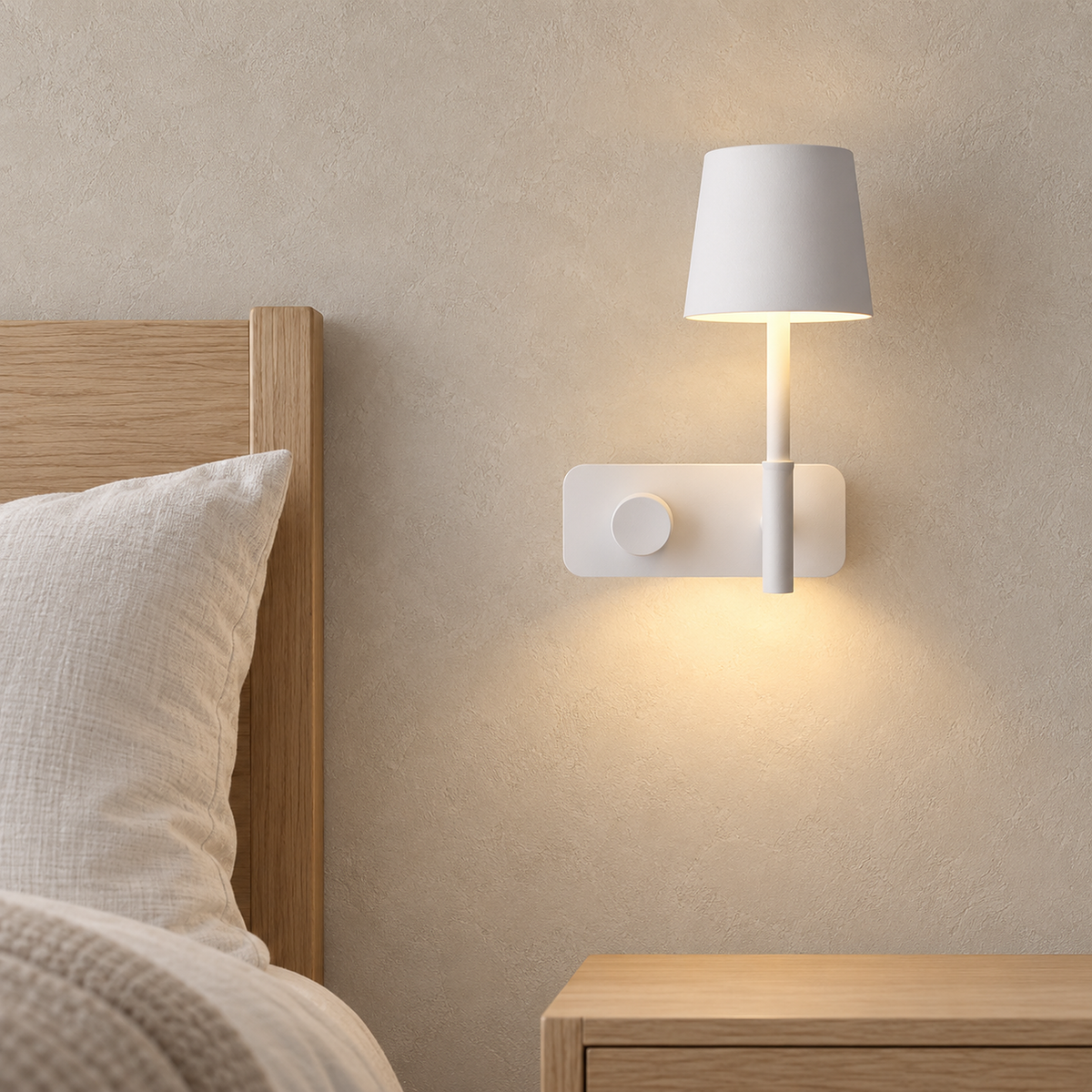 Cavolire white LED wall sconce glowing with warm light beside the edge of a bedroom headboard