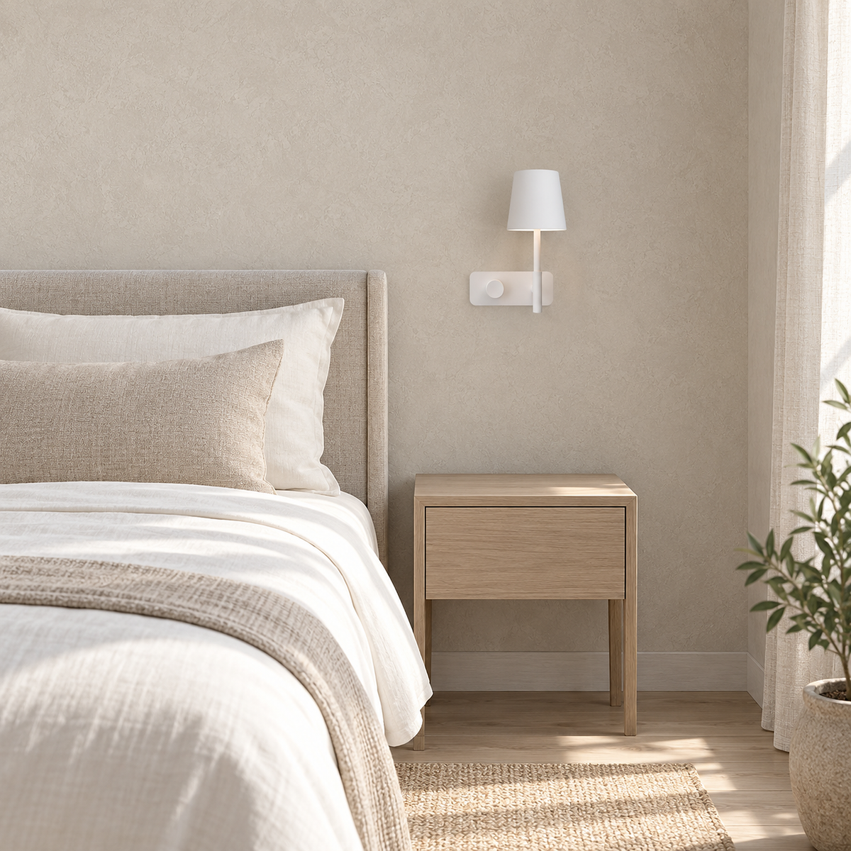 Cavolire white plug in wall light shown switched off on the wall beside a made guest bed