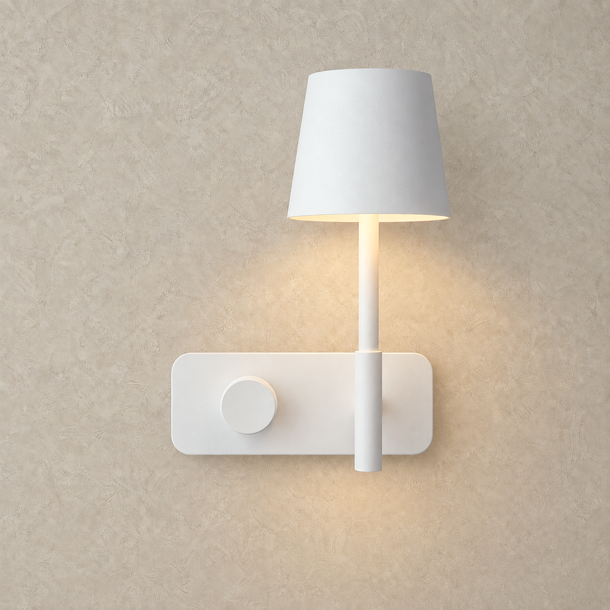Cavolire white wall sconce casting warm light down from beneath its iron shade