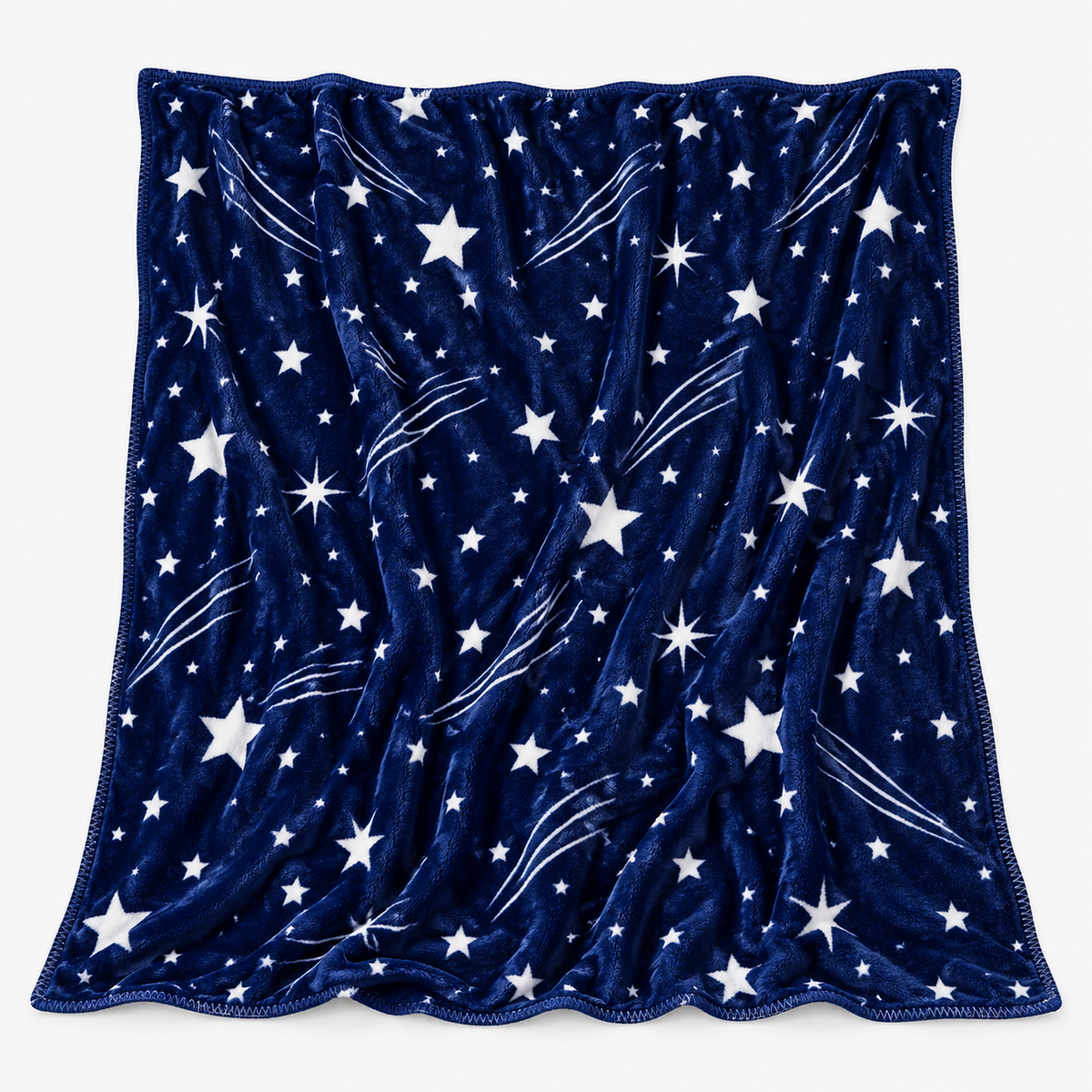 Celivaro star fleece blanket in navy blue and white, laid fully open to show the whole star pattern