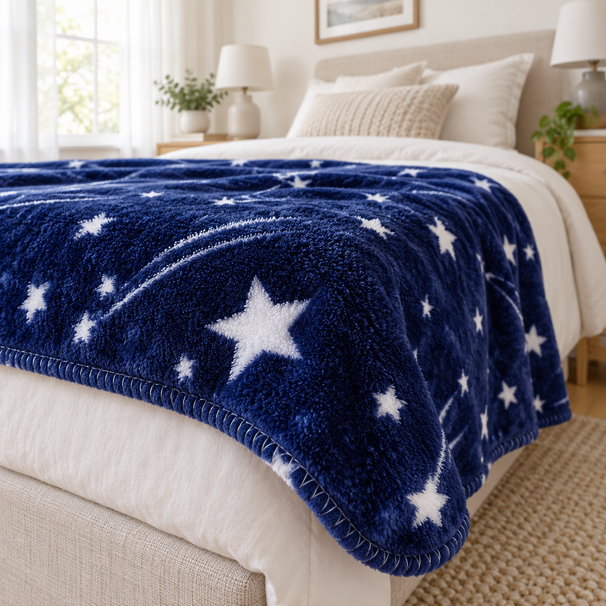 Celivaro star fleece throw blanket in navy blue and white, edge detail with visible overcast looped stitching