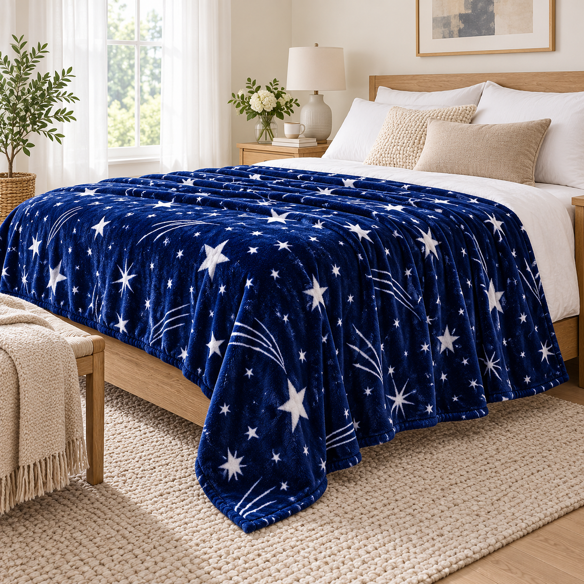 Celivaro star plush throw blanket in navy blue and white spread on a guest bed with a side drop by the pillows