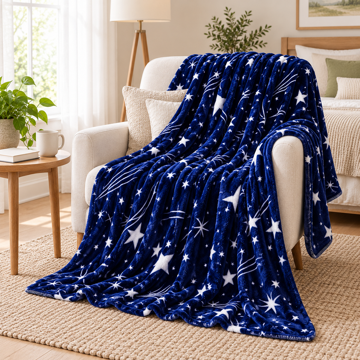 Celivaro star soft throw blanket in navy blue and white resting open on an armchair in a bedroom reading nook