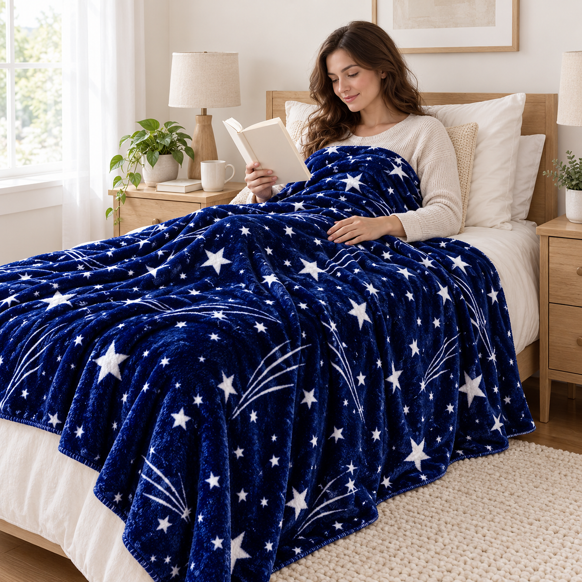 Celivaro star soft throw blanket in navy blue and white pulled up over a reader in a twin bed