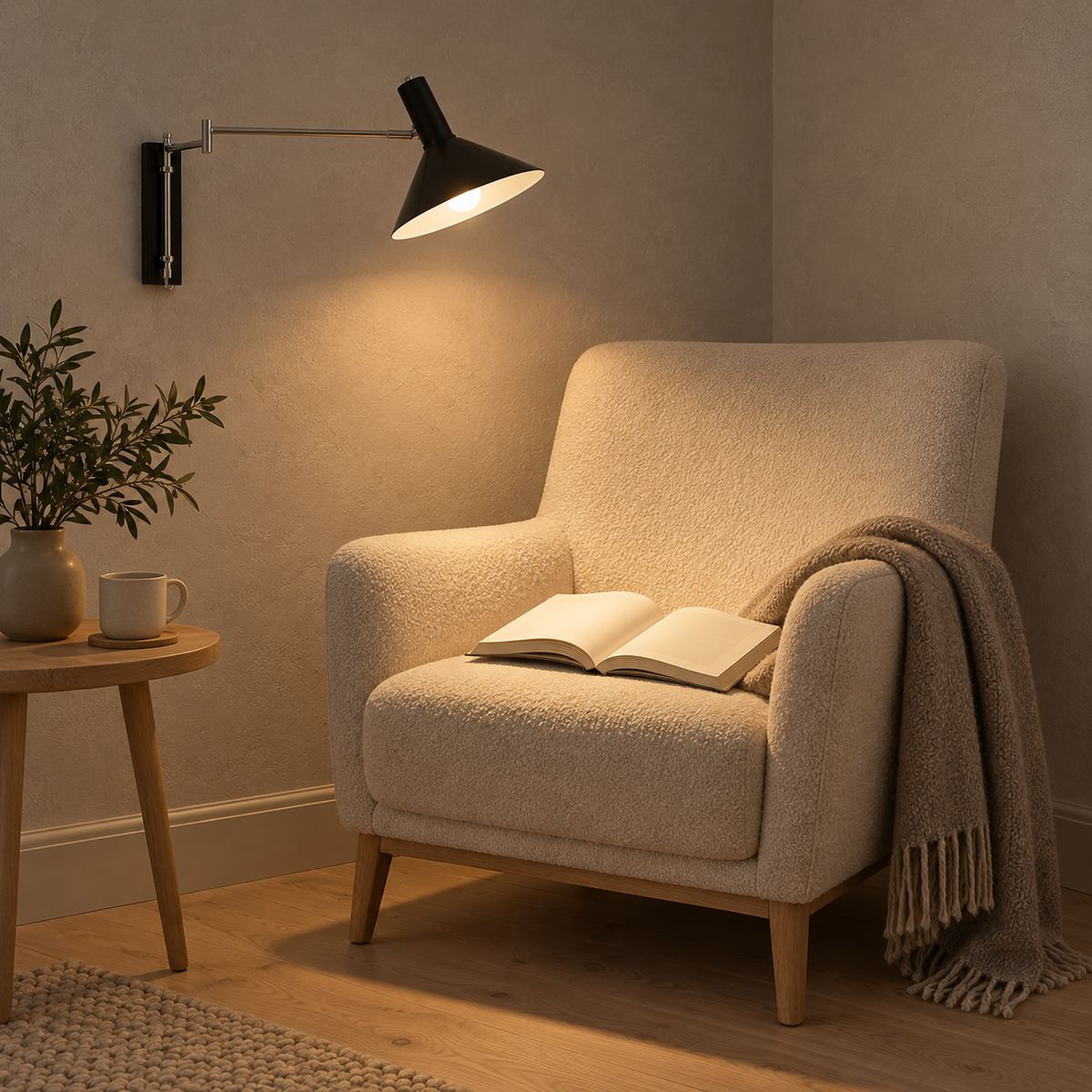 Celmoira black wall sconce illuminating a book resting on a reading chair #color_black