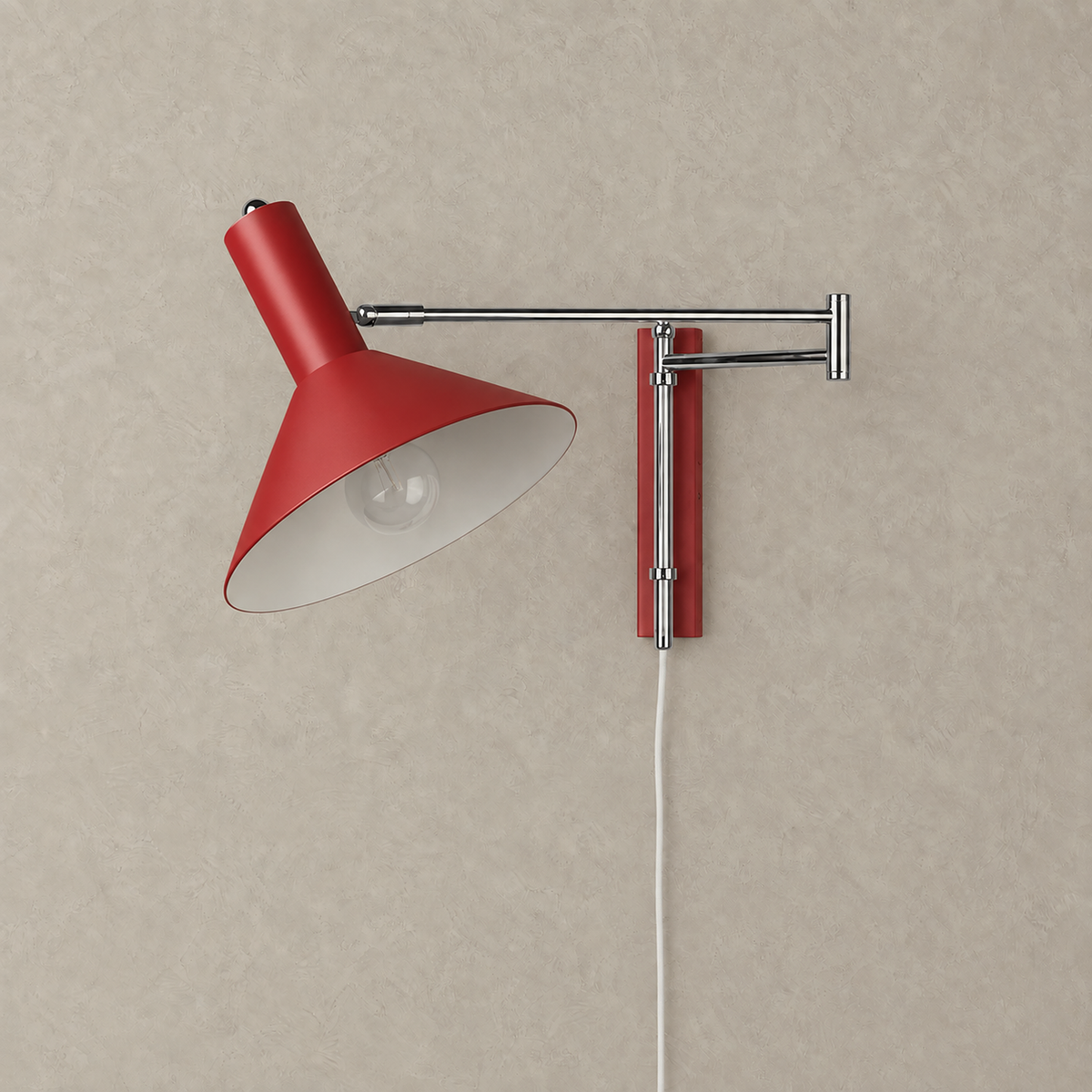 Celmoira red bedside wall light with its broad cone and matching backplate on a plain background #color_red