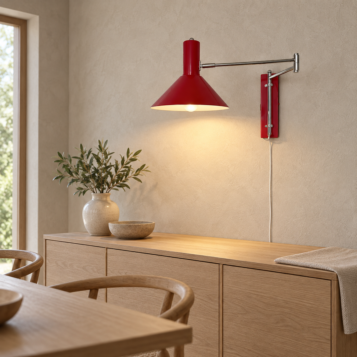 Celmoira red wall light above a dining room sideboard in daylight #color_red