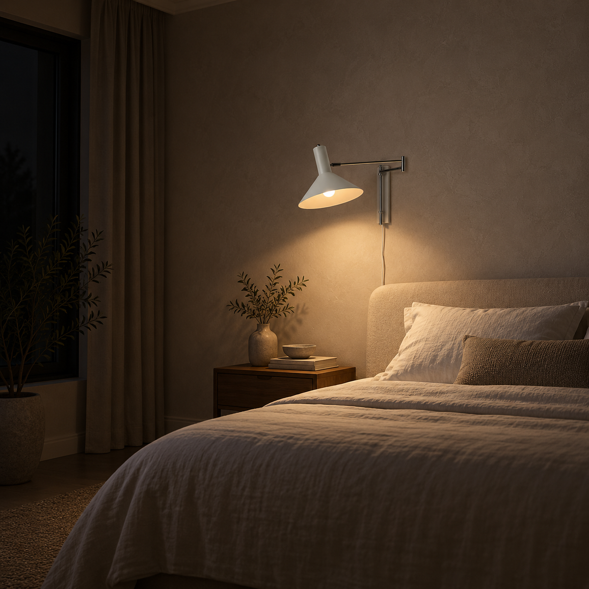 Celmoira white bedside wall light casting warm light onto the bed covers at night