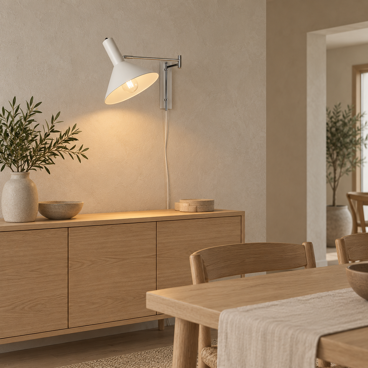Celmoira white wall mounted bedside lamp showing its included E27 bulb inside the metal cone