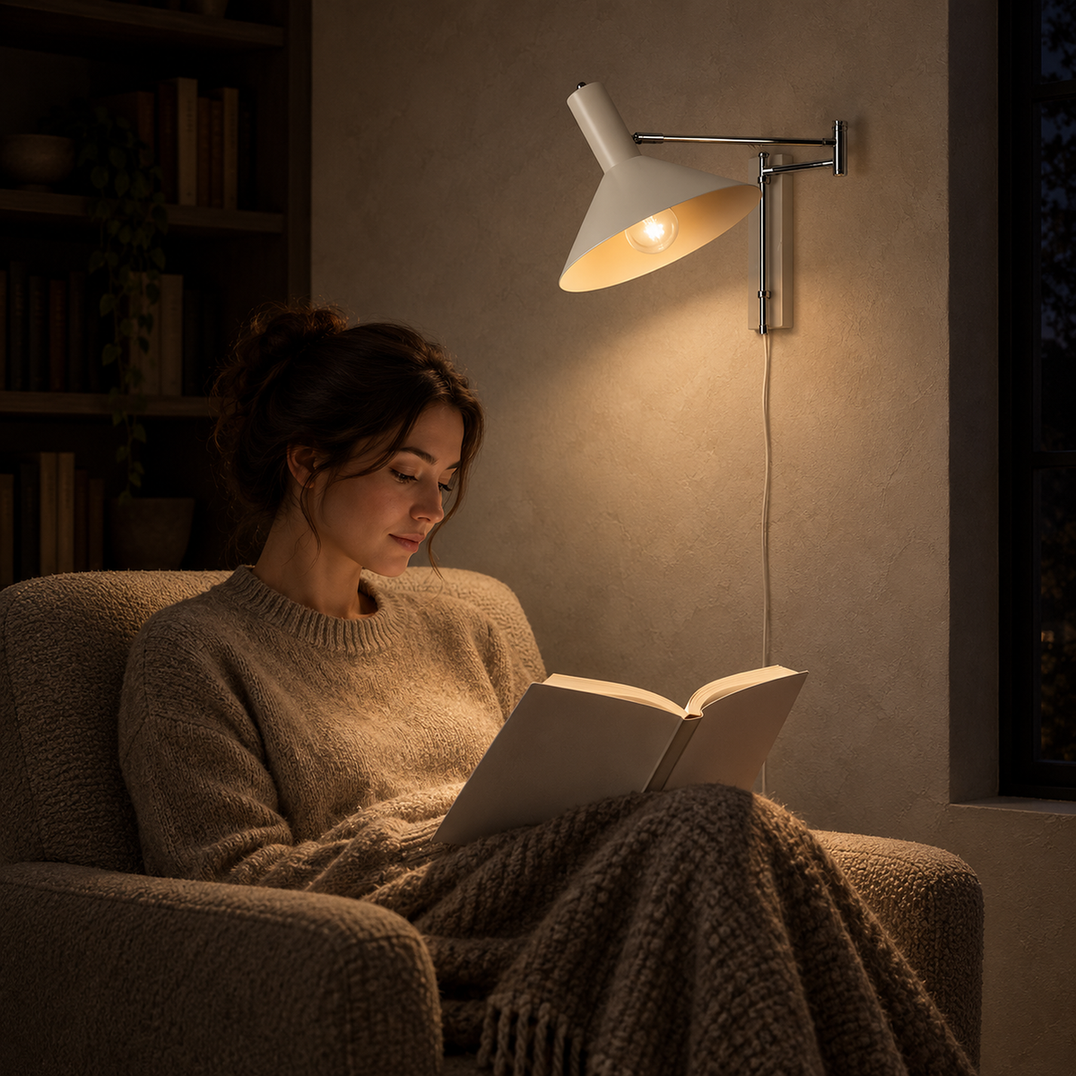 Celmoira white wall mounted bedside lamp lighting a reader and open book in a library corner at night