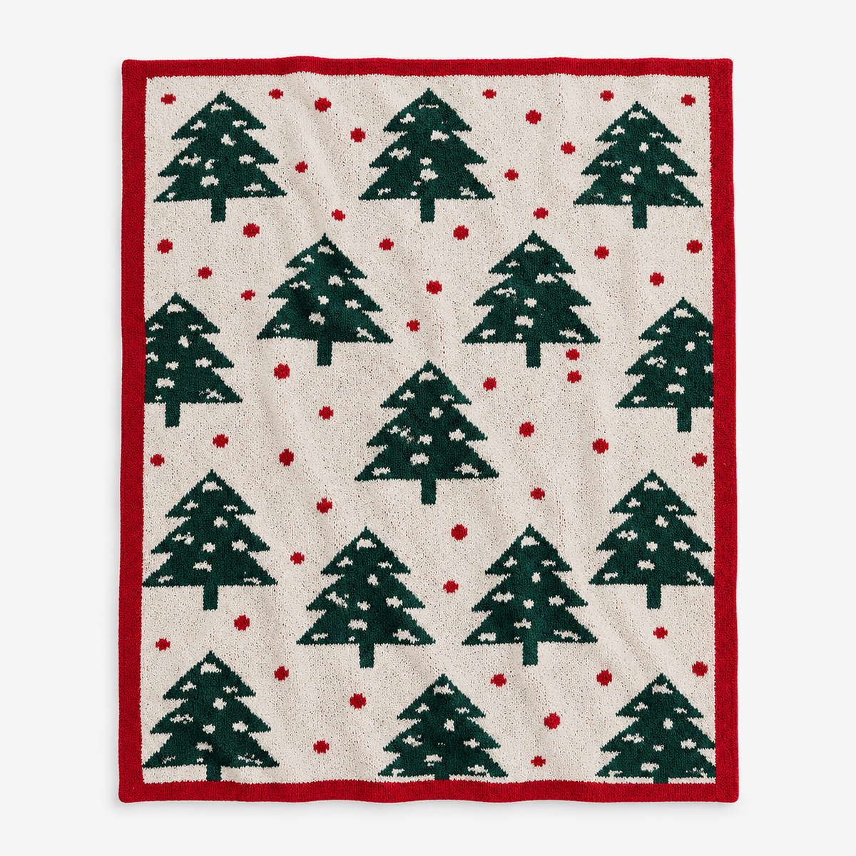 Celvano xmas green tree knit throw blanket laid fully open, green trees on off white with a red border