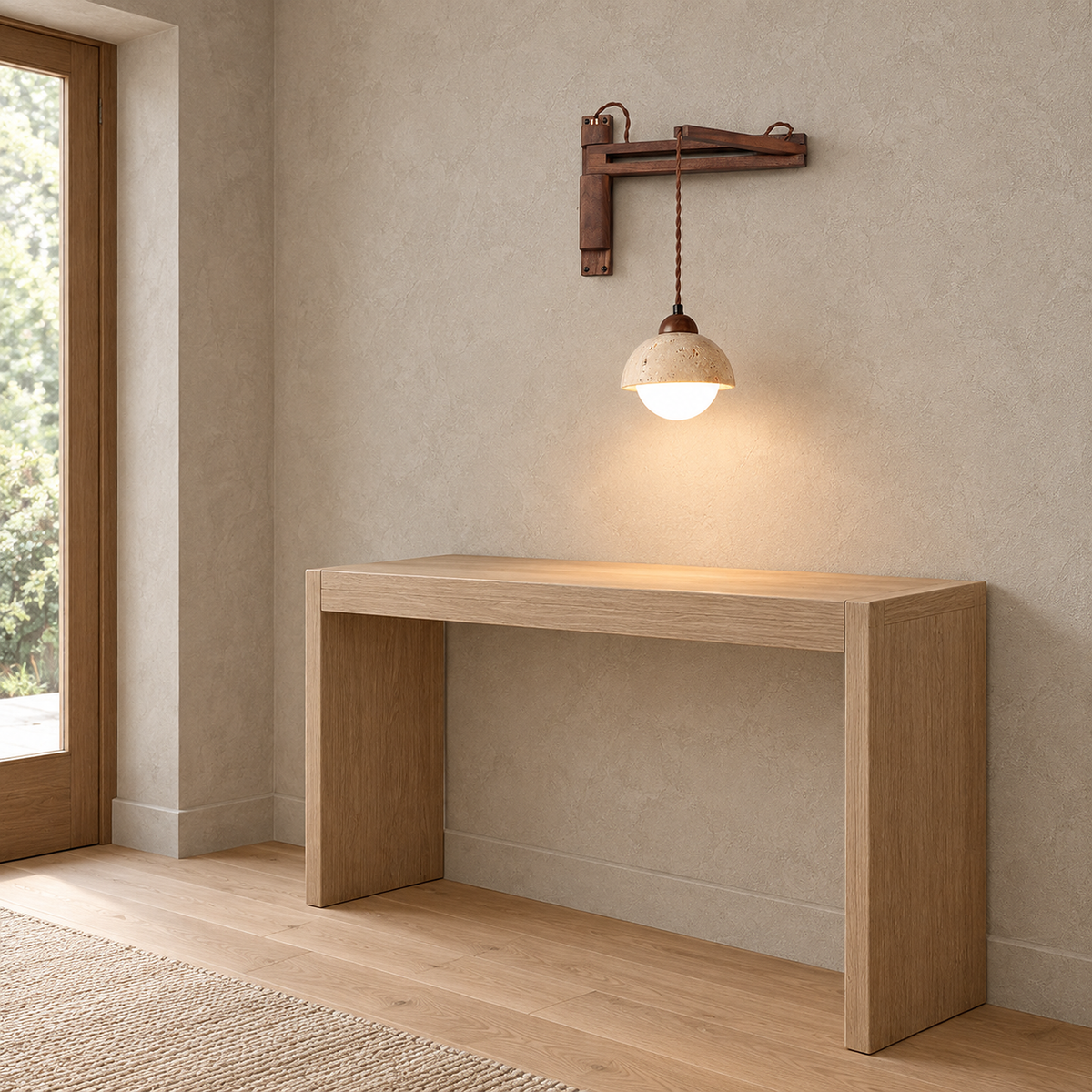 Cenaltro walnut wood wall sconce lit above a console table in a bright entry vestibule #color_walnut wood