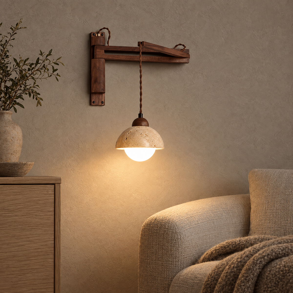 Cenaltro walnut wood travertine wall sconce reaching over a library seat on its long jointed arm #color_walnut wood
