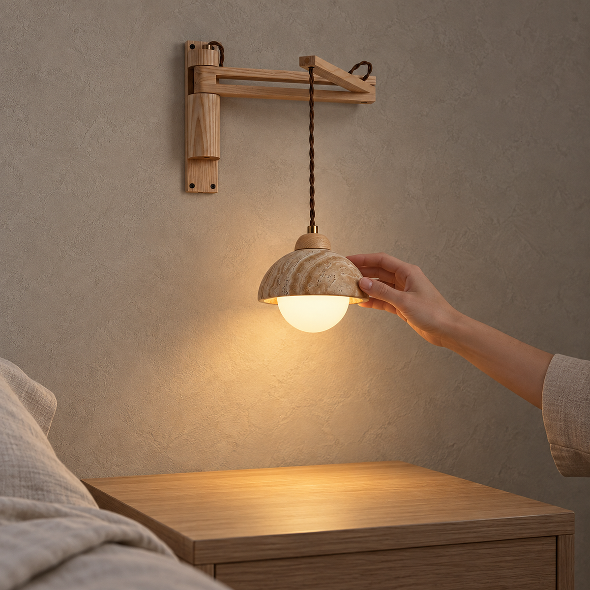 Cenaltro wood color bedside lamp lit above an empty nightstand in a bedroom