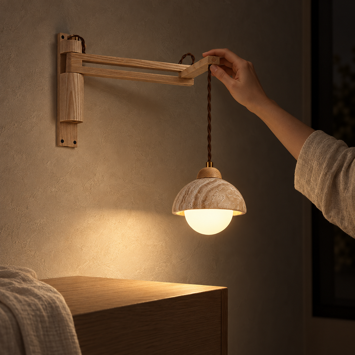 Cenaltro wood color wall sconce lit beside a daybed and pooling light after dark