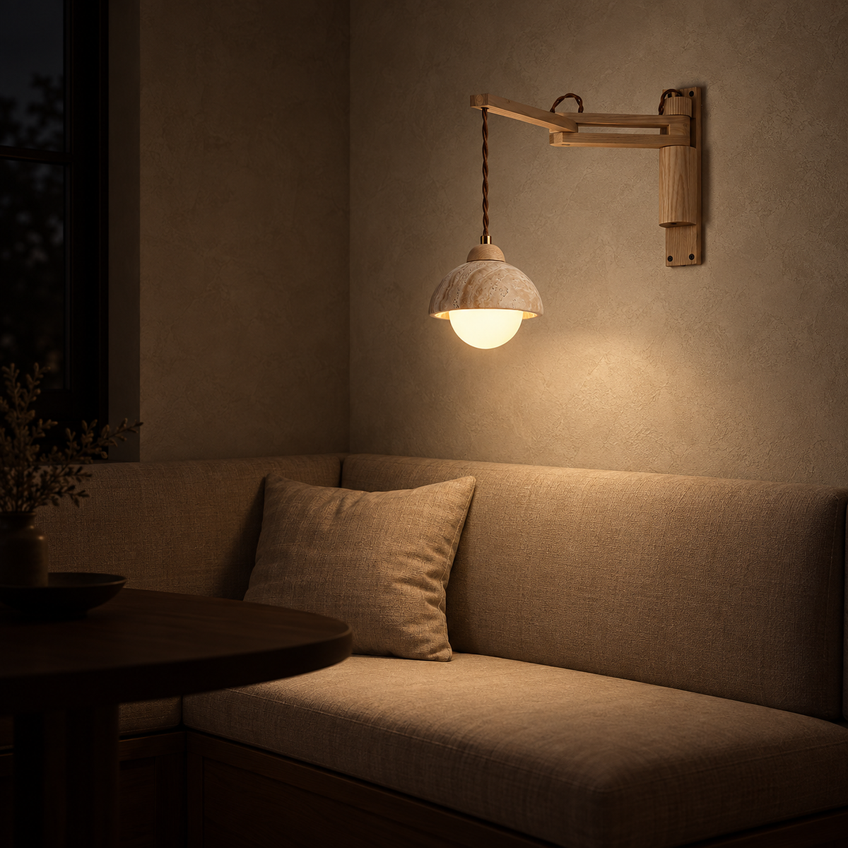 Cenaltro wood color wall sconce lighting a banquette seat in a dining snug after dark