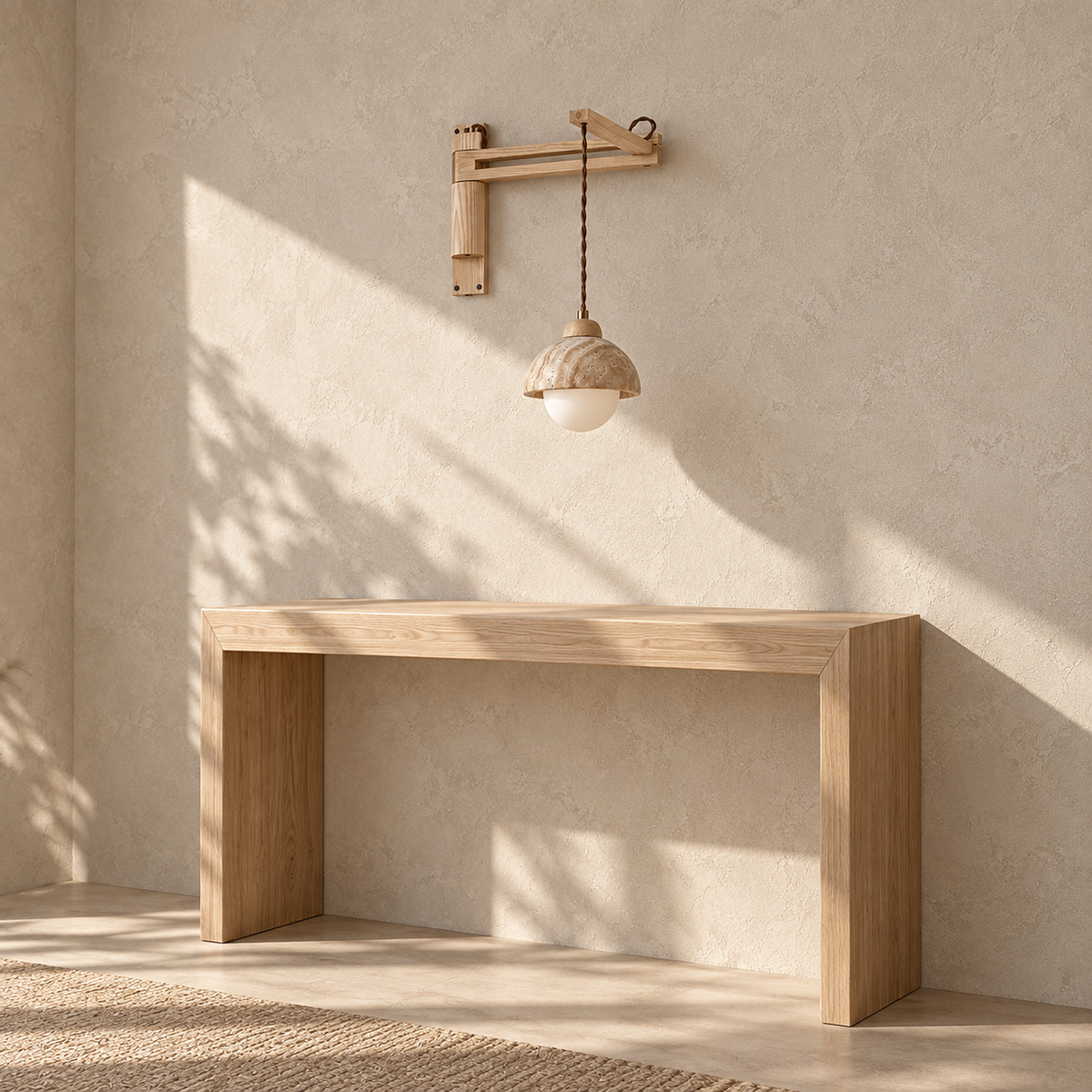 Cenaltro wood color wall sconce switched off above an entry console in daylight