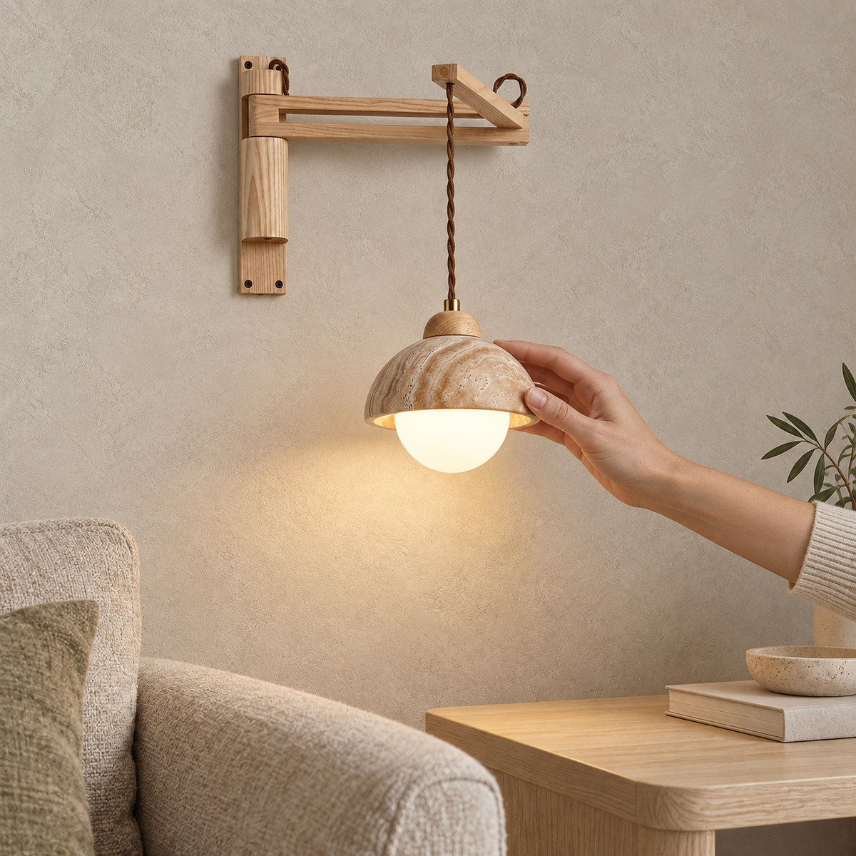Cenaltro wood color travertine wall sconce lit above a clear side table in a living room