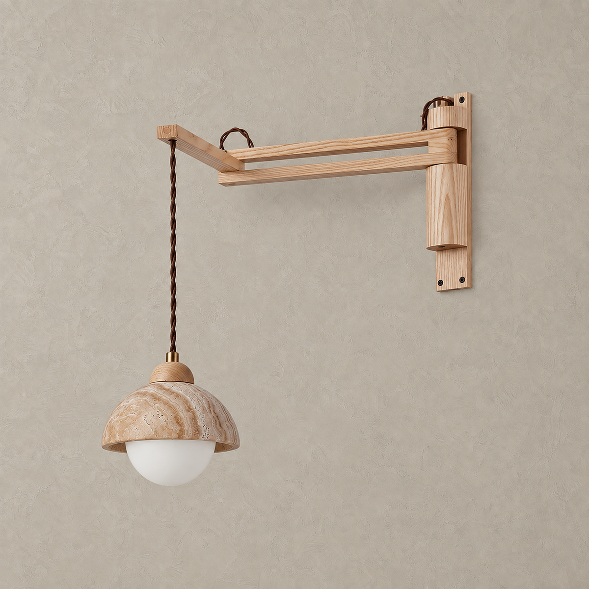 Cenaltro wood color travertine wall sconce unlit on a plain plate showing the jointed wood arm