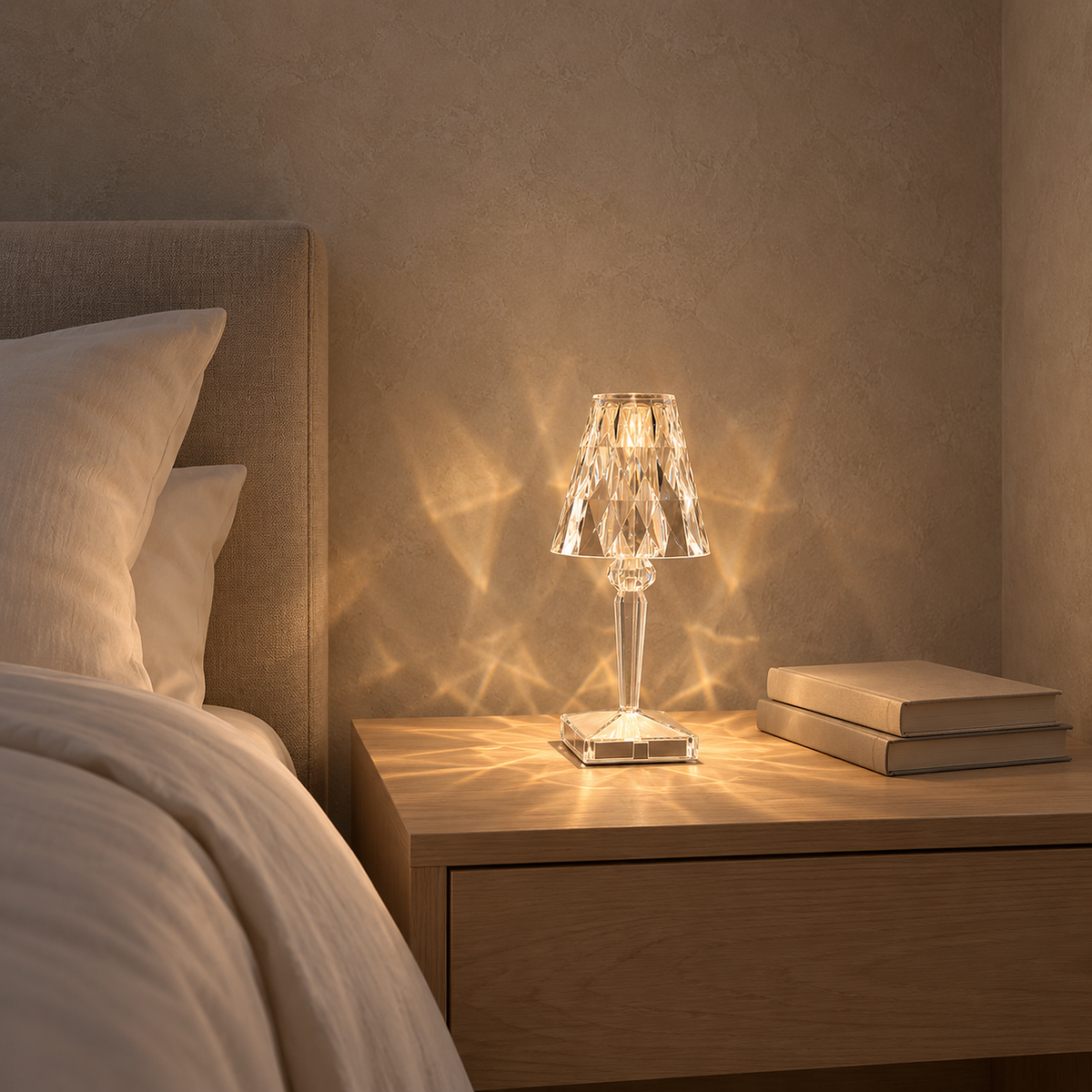 Cerilan clear bedside lamp lit beside a stack of blank books in a bedroom