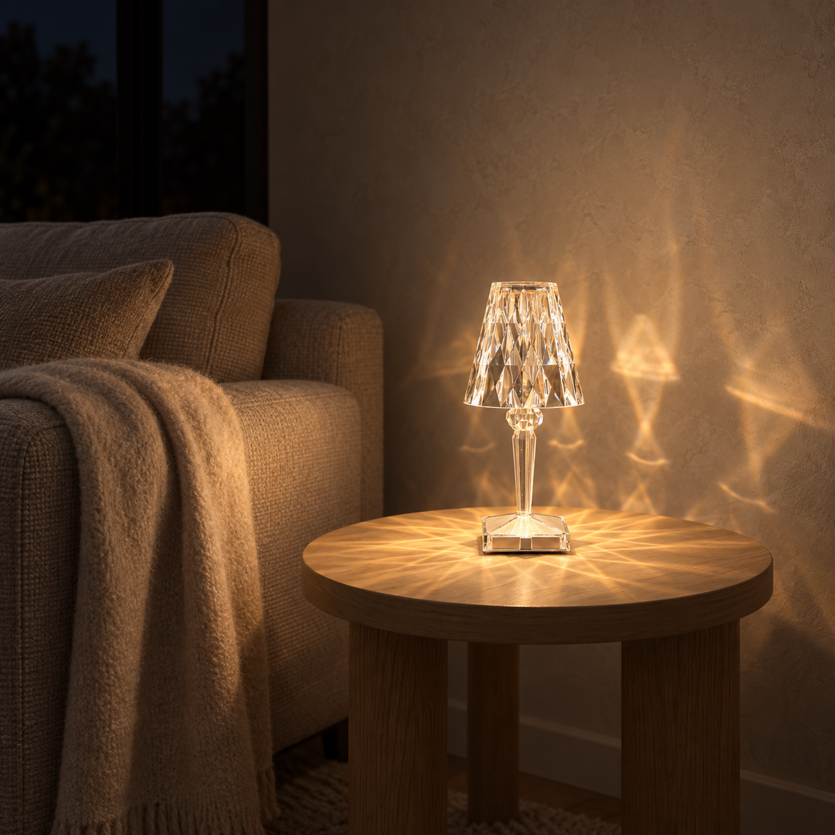 Cerilan clear table lamp casting angular light beside a sofa in a snug at night
