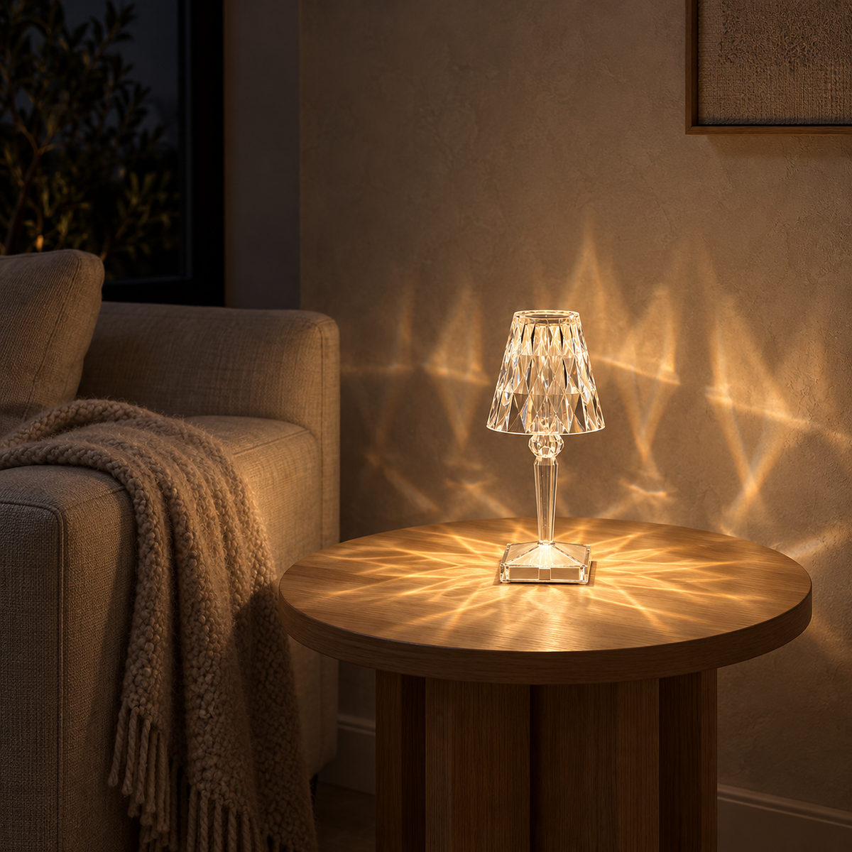 Cerilan clear table lamp spreading angular patterns beside a living room sofa at night
