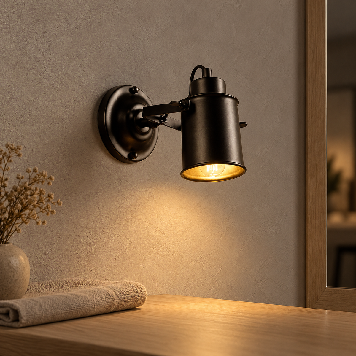 Cerimalo black adjustable plug in wall lamp lit beside a dressing room mirror