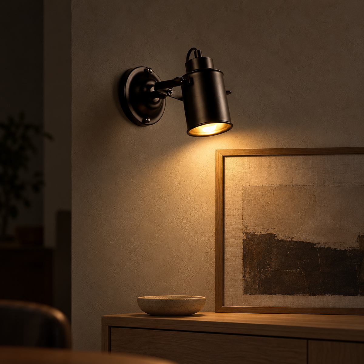 Cerimalo black adjustable plug in wall light aimed at a picture in a dining room at night
