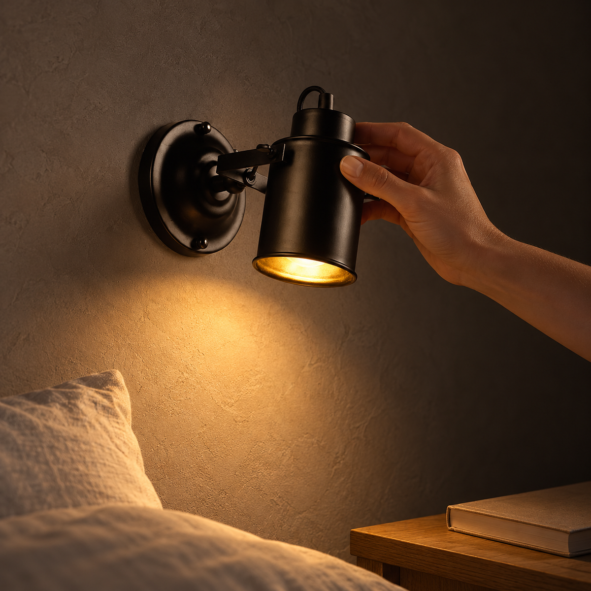 Cerimalo black bedside wall light tilted down over the bed at night