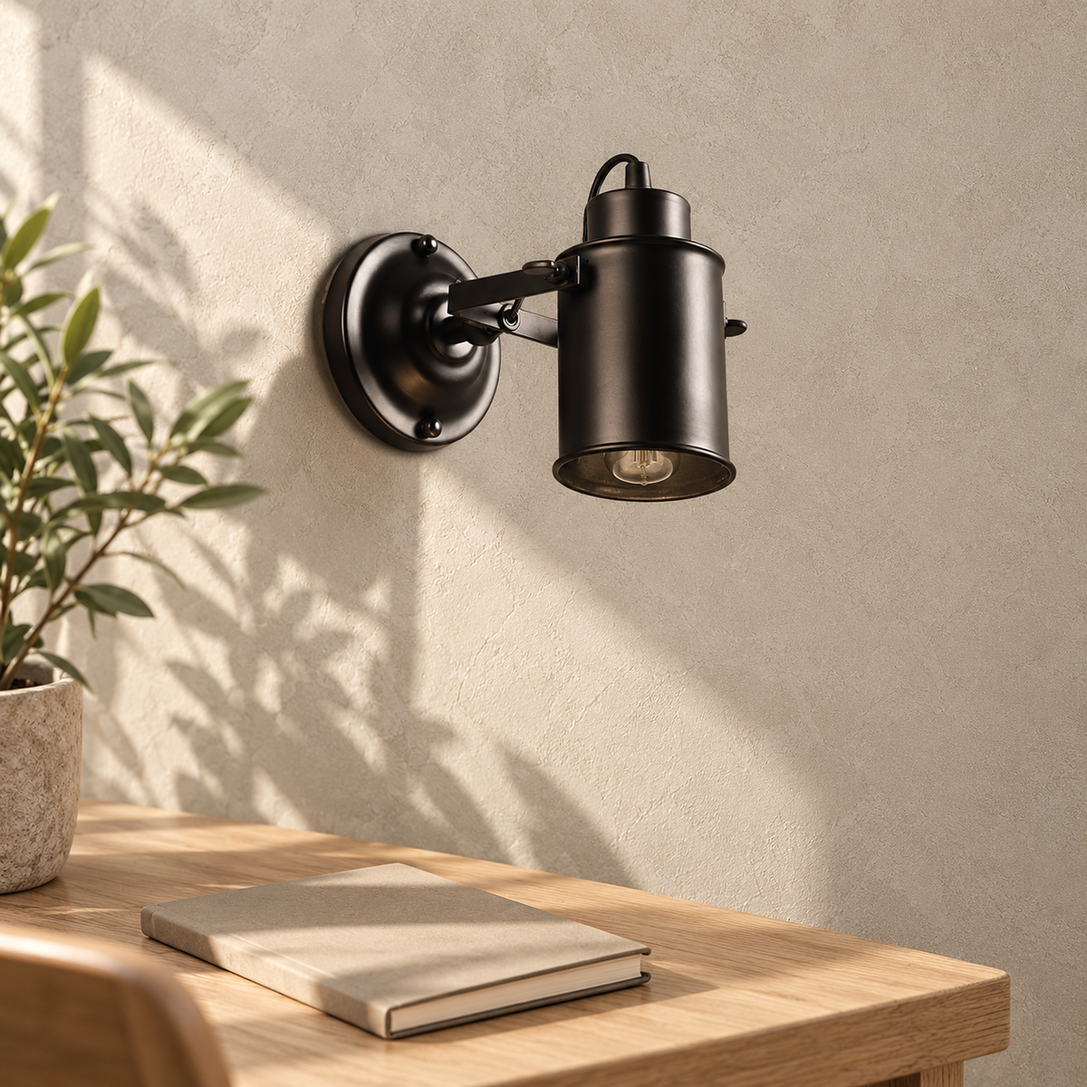 Cerimalo black plug in wall sconce, unlit above a sunlit table corner in a study