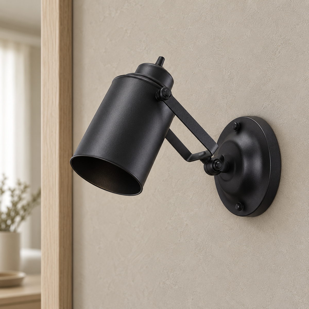 Cerimalo black wall lamp, close up of the painted iron shade rim and pivot