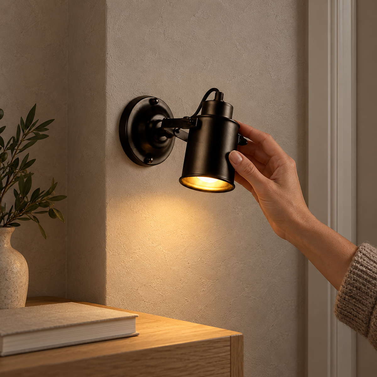 Cerimalo black wall lamp switched on along a narrow hallway wall
