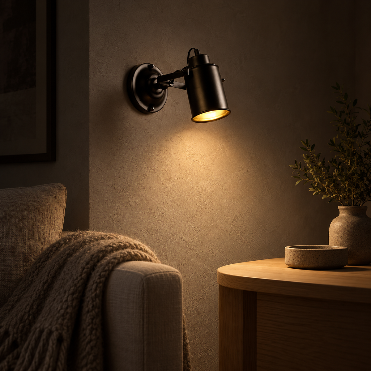 Cerimalo black wall sconce giving chair side reading light in a corner at night