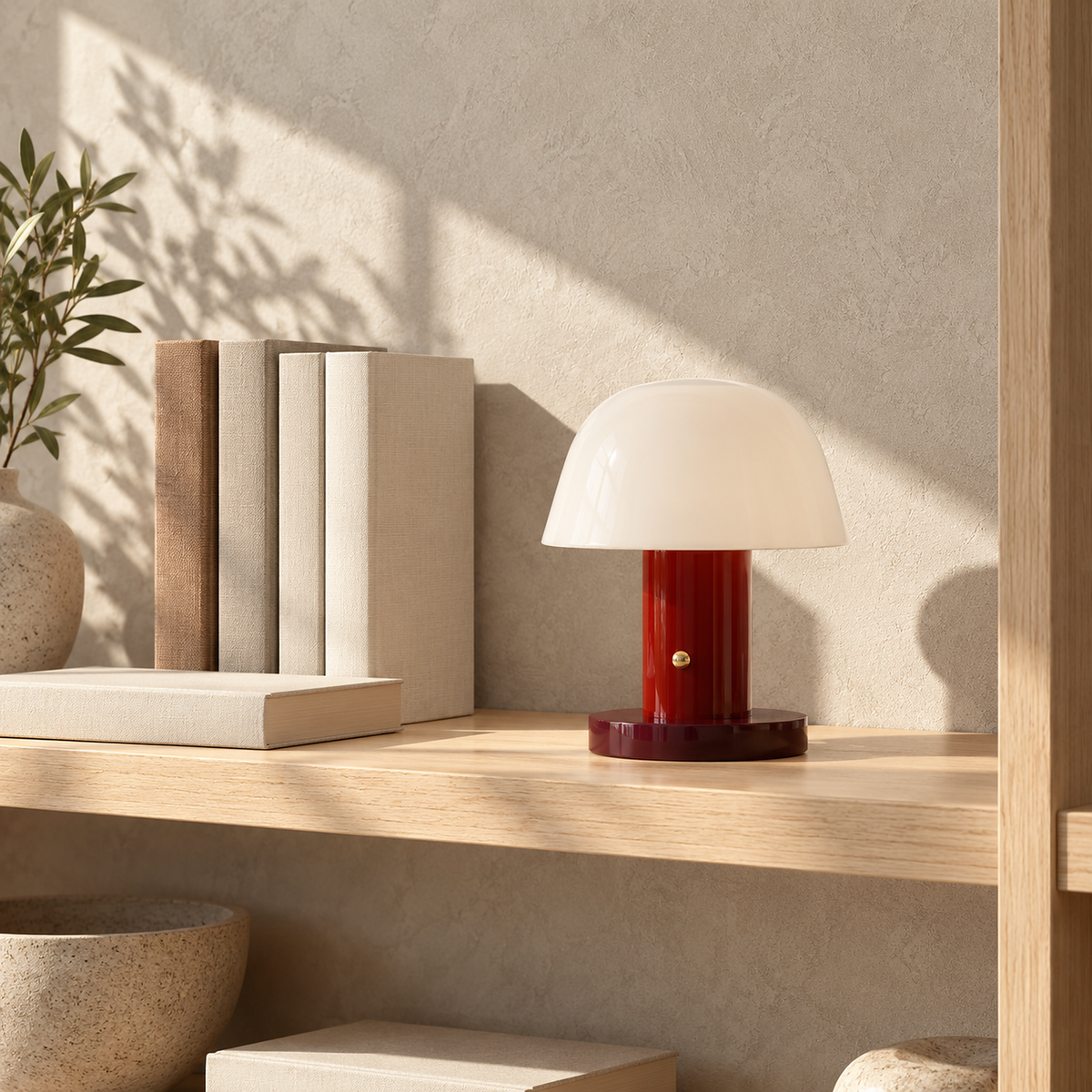 Cesarno red + deep red battery operated table lamp unlit on a sunlit library shelf