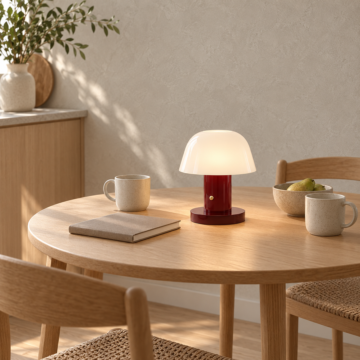 Cesarno red + deep red cordless table lamp lit on a crowded kitchen table