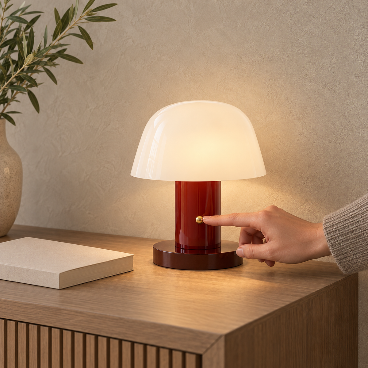 Cesarno red + deep red portable table lamp glowing on the corner of a hallway console