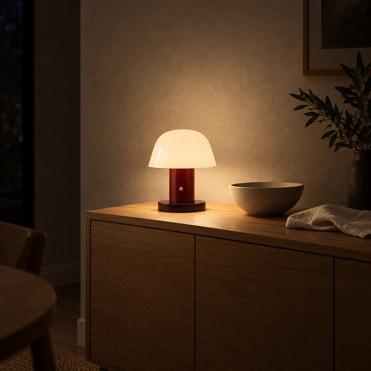 Cesarno red + deep red rechargeable table lamp casting warm light across a dining room