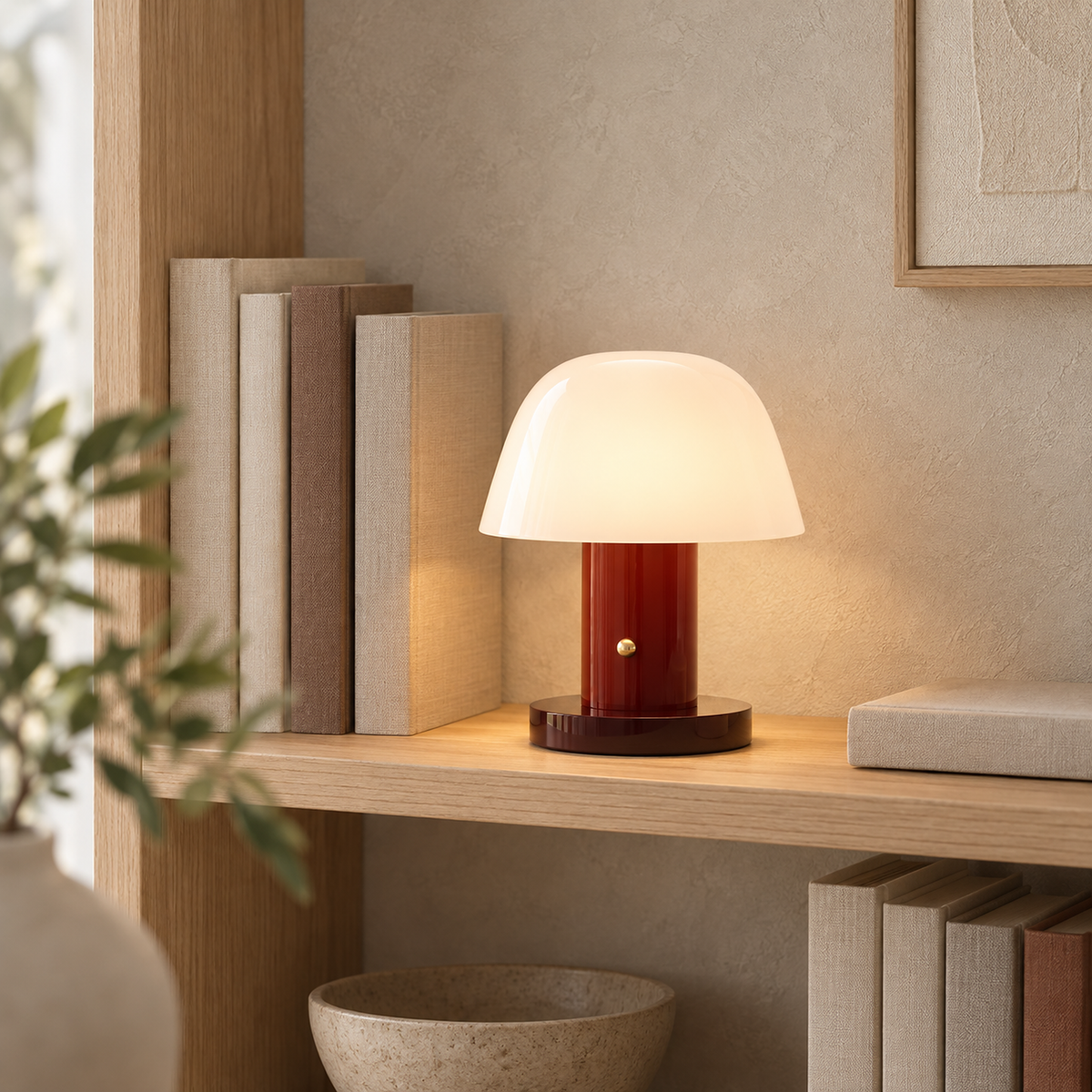 Cesarno red + deep red rechargeable table lamp with its entire mushroom dome glowing