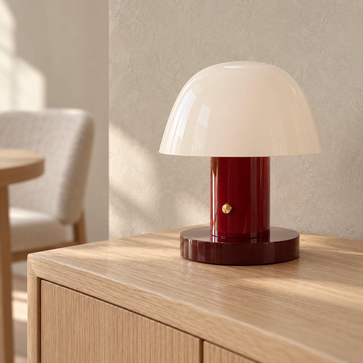 Cesarno red + deep red table lamp close up on the dome edge, stem and round foot