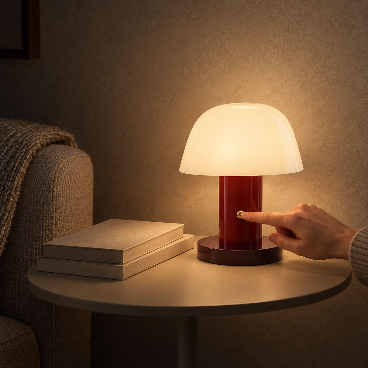 Cesarno red + deep red table lamp lighting books beside a living room sofa arm