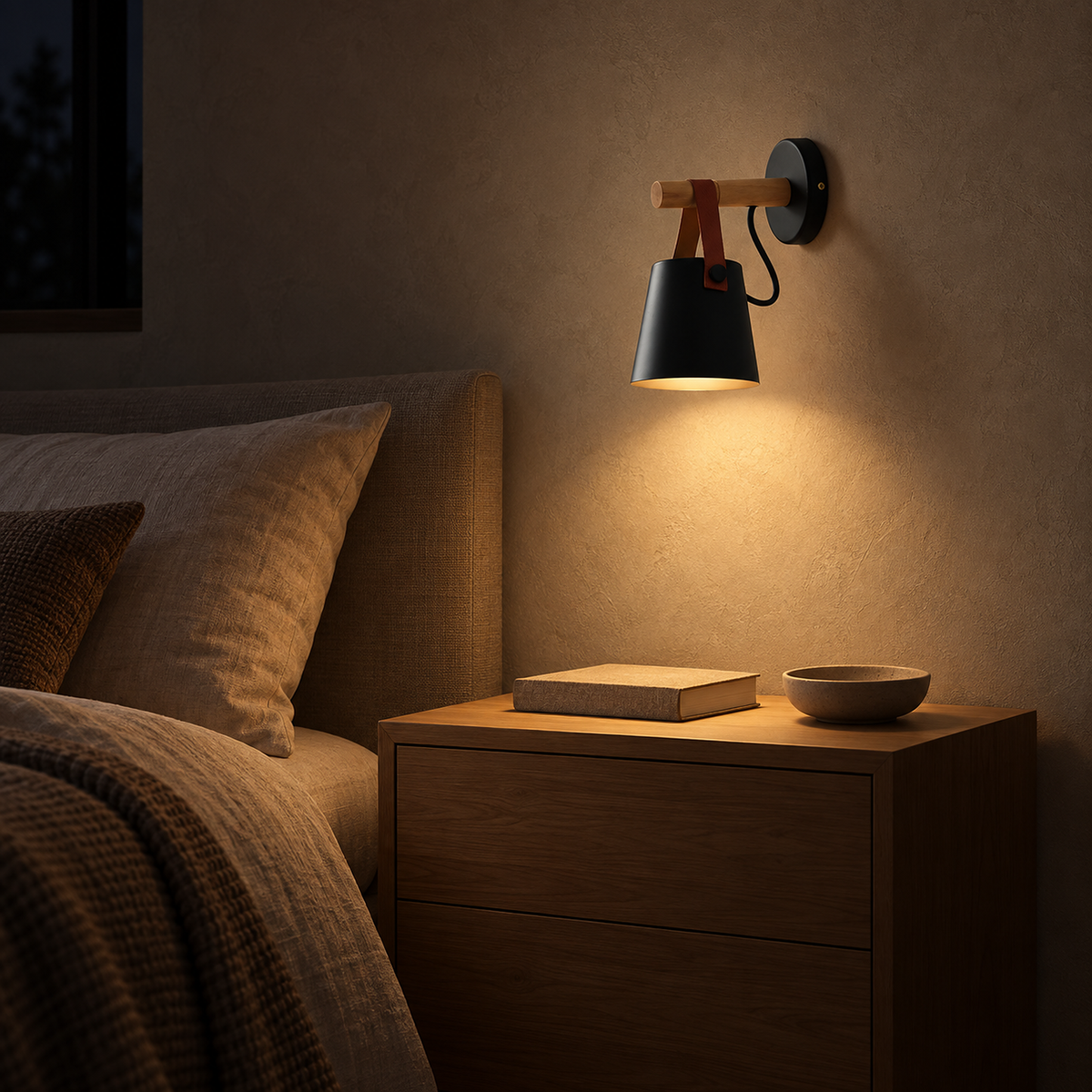 Cilarno black bedside wall light casting a downward pool of light in a night alcove