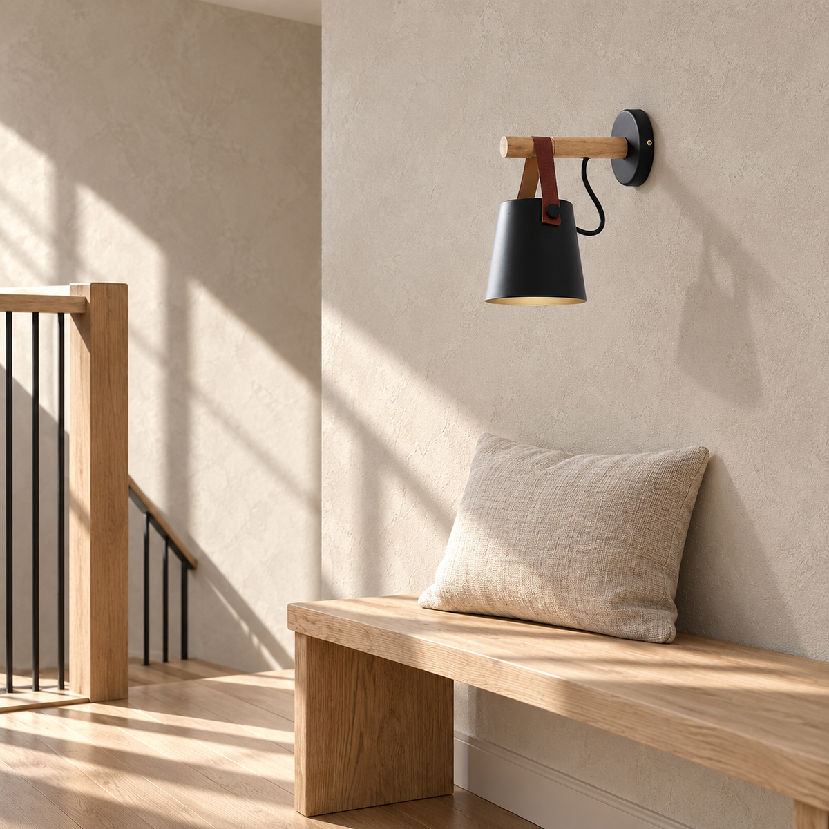 Cilarno black wall lamp unlit on a sunlit stair landing, shade pointing down